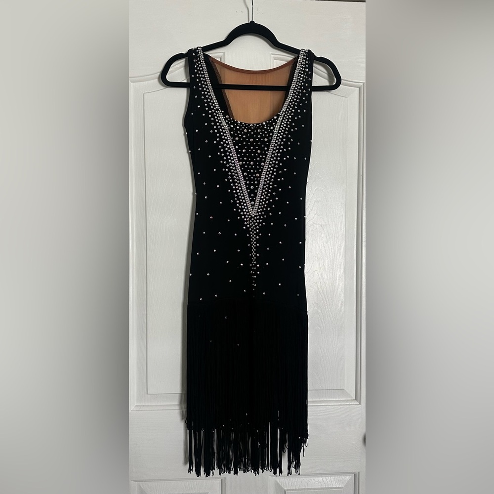 Black professional ballroom salsa dance wear sheath dress 0-2 rhinestone bling